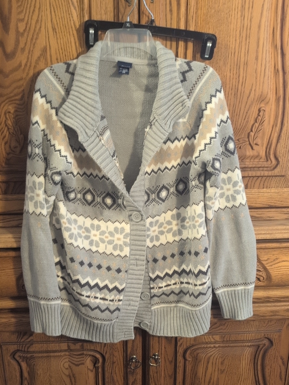 Basic Editions Gray Fair Isle Shawl Collar Button Cardigan
